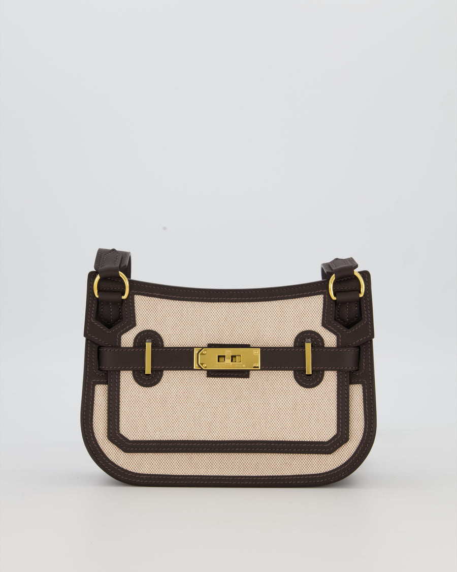 Hermès Mini Jypsiere Crossbody Bag in Bai Brun Swift Leather and Cream Canvas with Gold Hardware