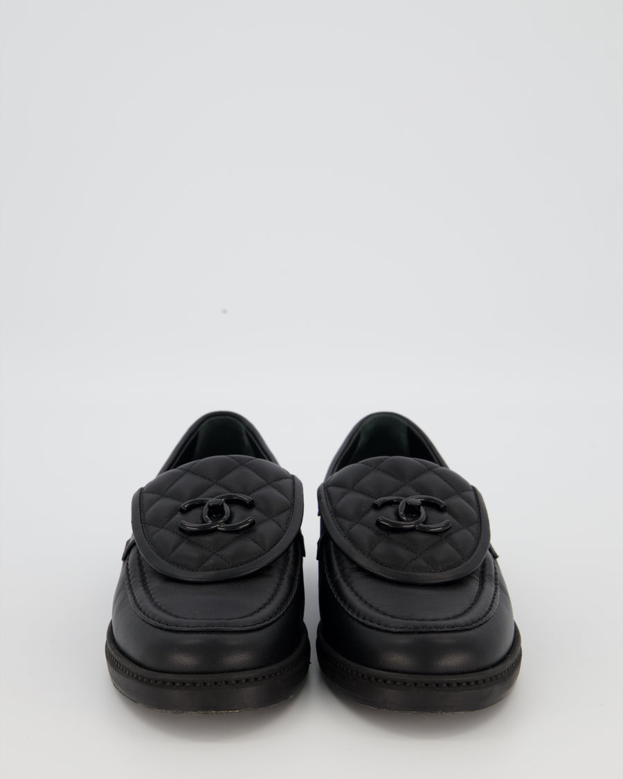 Chanel Black Lambskin Leather Loafers with Black CC Logo and Quilted Detail Size EU 37.5