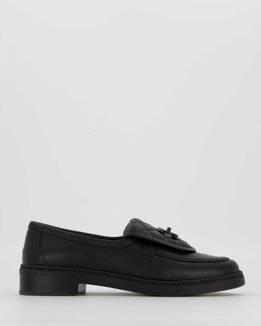 Chanel Black Lambskin Leather Loafers with Black CC Logo and Quilted Detail Size EU 37.5