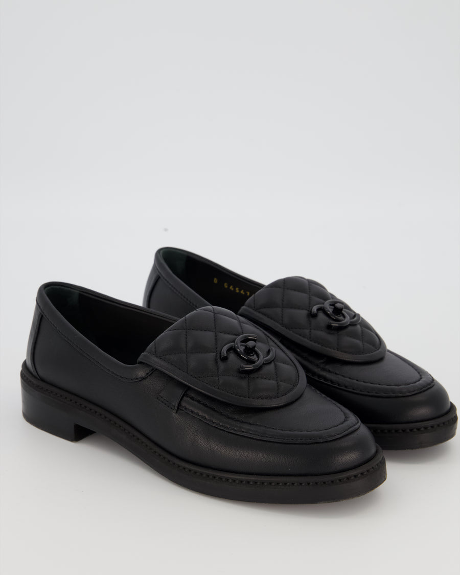 Chanel Black Lambskin Leather Loafers with Black CC Logo and Quilted Detail Size EU 37.5
