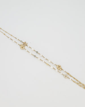 Chanel Gold Long Choker and Necklace with Leaf, Daisy, and Pearl Embellishments and Crystal CC Logo Detail
