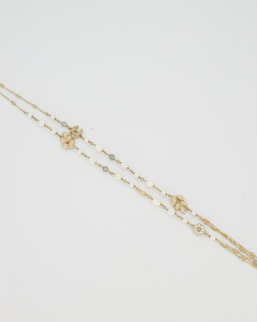 Chanel Gold Long Choker and Necklace with Leaf, Daisy, and Pearl Embellishments and Crystal CC Logo Detail