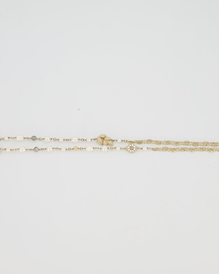 Chanel Gold Long Choker and Necklace with Leaf, Daisy, and Pearl Embellishments and Crystal CC Logo Detail