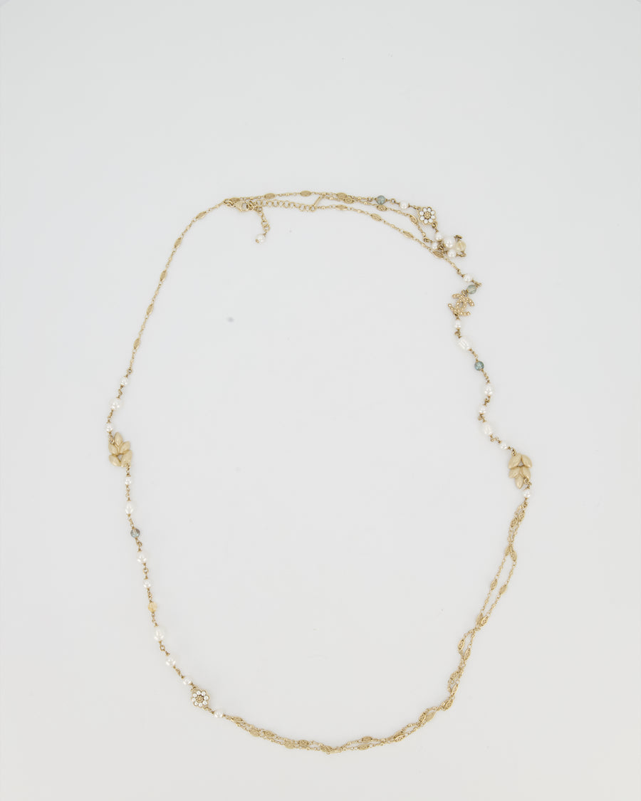 Chanel Gold Long Choker and Necklace with Leaf, Daisy, and Pearl Embellishments and Crystal CC Logo Detail