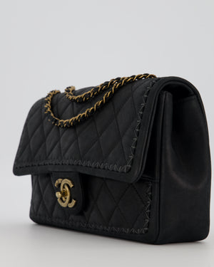 Chanel Happy Stitch Single Flap Bag in Matte Black Crumpled Calfskin with Antique Gold Hardware