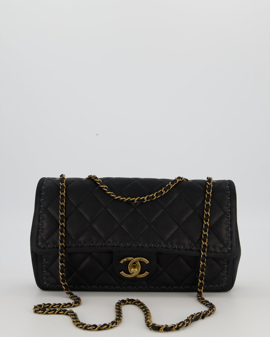 Chanel Happy Stitch Single Flap Bag in Matte Black Crumpled Calfskin with Antique Gold Hardware