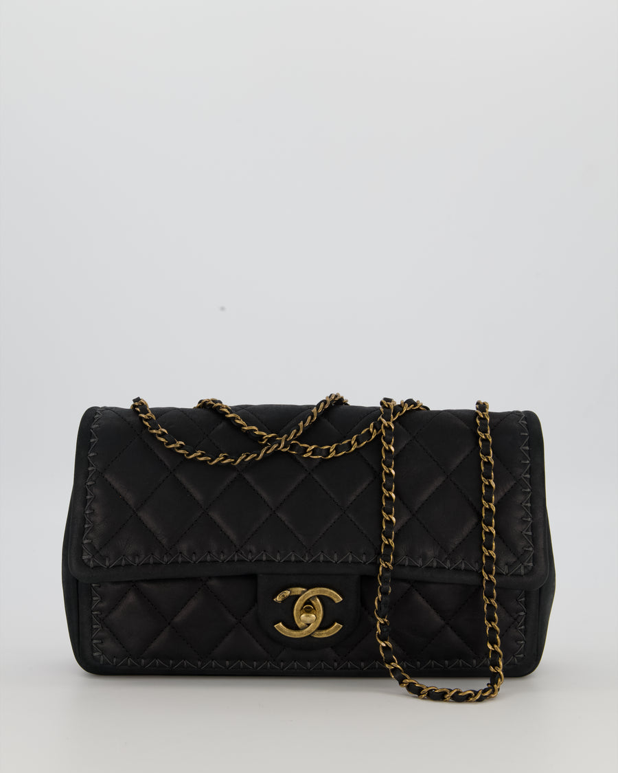 Chanel Happy Stitch Single Flap Bag in Matte Black Crumpled Calfskin with Antique Gold Hardware