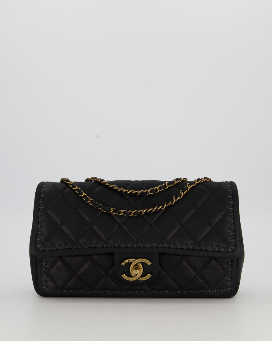 Chanel Happy Stitch Single Flap Bag in Matte Black Crumpled Calfskin with Antique Gold Hardware
