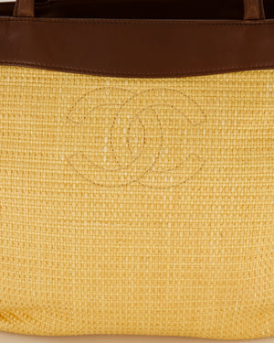Chanel Beige Vintage CC Logo Raffia Shoulder Bag With Brown Lambskin Straps