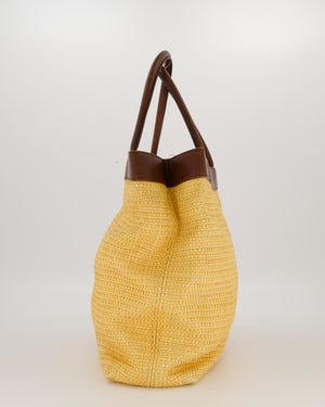 Chanel Beige Vintage CC Logo Raffia Shoulder Bag With Brown Lambskin Straps
