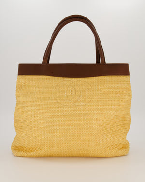 Chanel Beige Vintage CC Logo Raffia Shoulder Bag With Brown Lambskin Straps