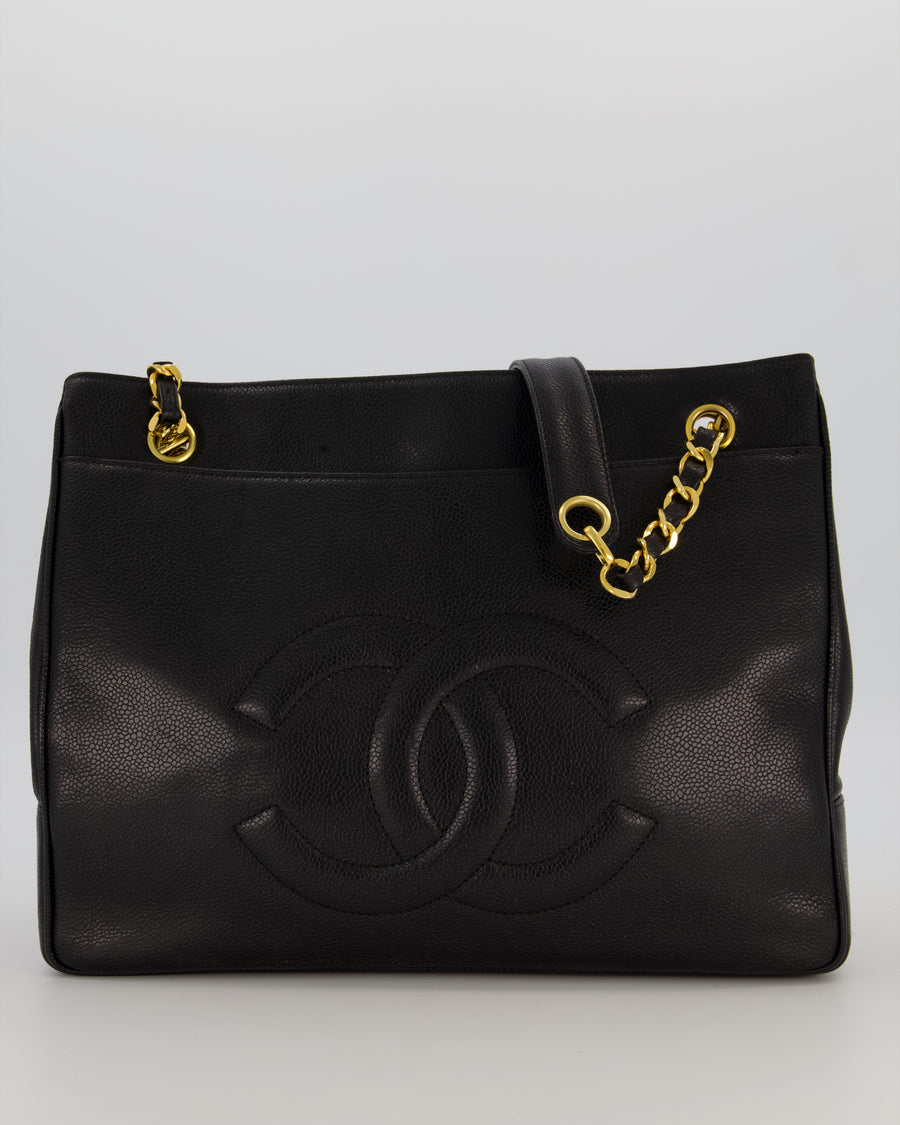 Chanel CC Black Vintage Lambskin Leather Front Pocket Tote Bag with Gold Hardware