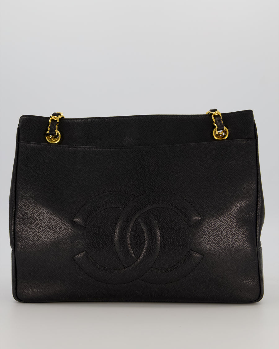 Chanel CC Black Vintage Lambskin Leather Front Pocket Tote Bag with Gold Hardware