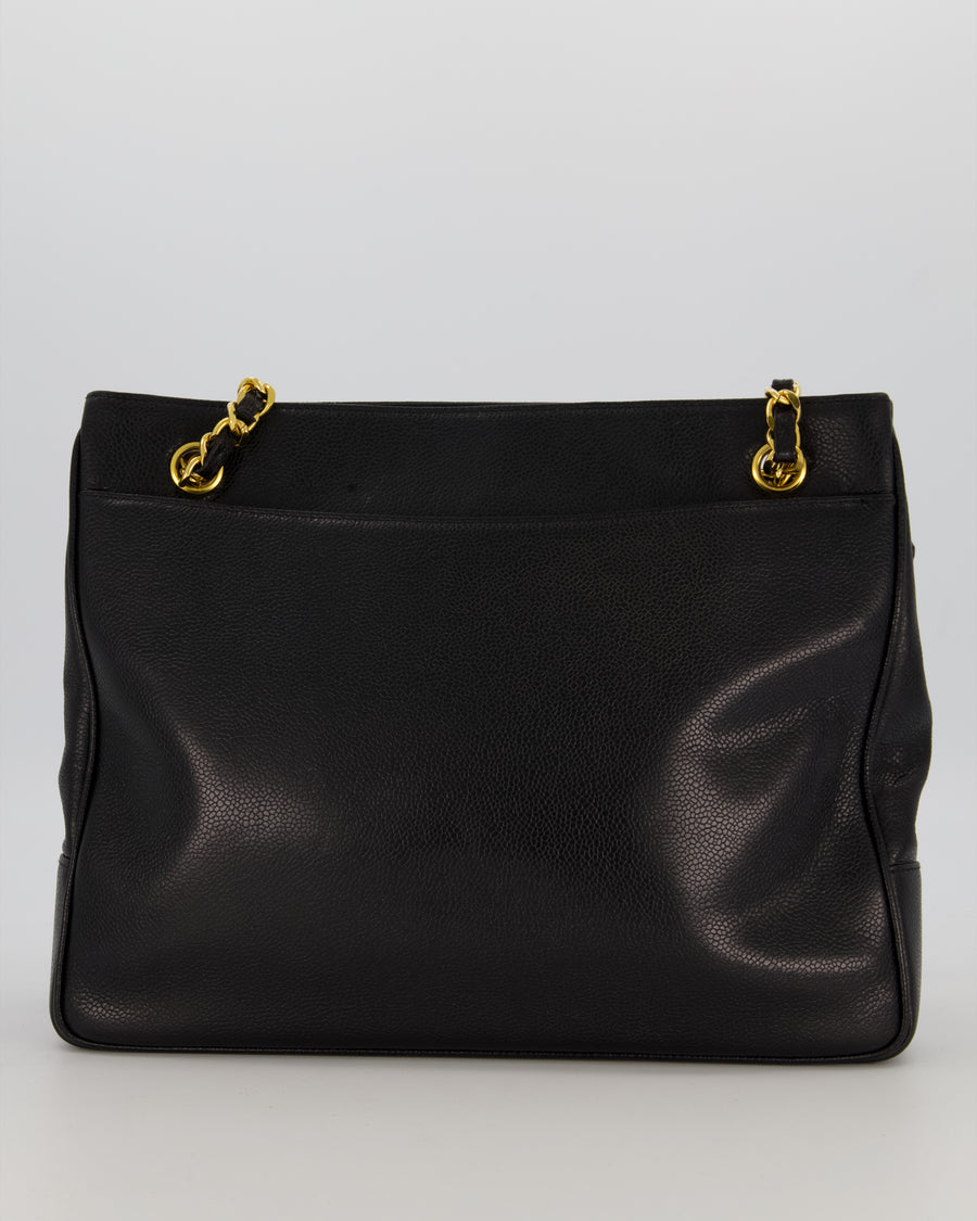Chanel CC Black Vintage Lambskin Leather Front Pocket Tote Bag with Gold Hardware