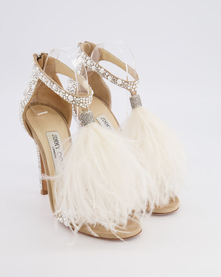 Jimmy Choo Viola 110 White Feather and Crystal-Embellished Heeled Sandals Size 38 RRP £1,450