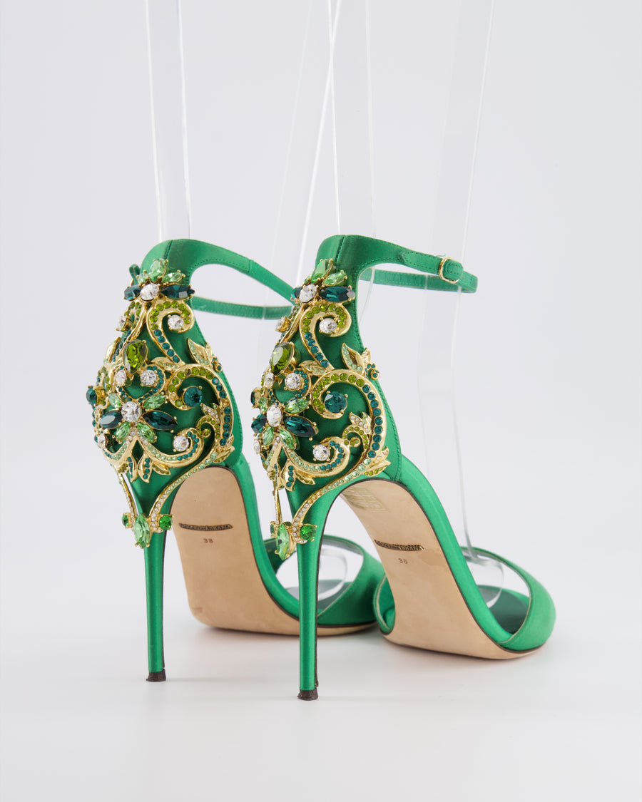 Dolce & Gabbana Spring 2020 Jungle Green Satin Heeled Sandals with Crystal Embellishments Size 38&nbsp;