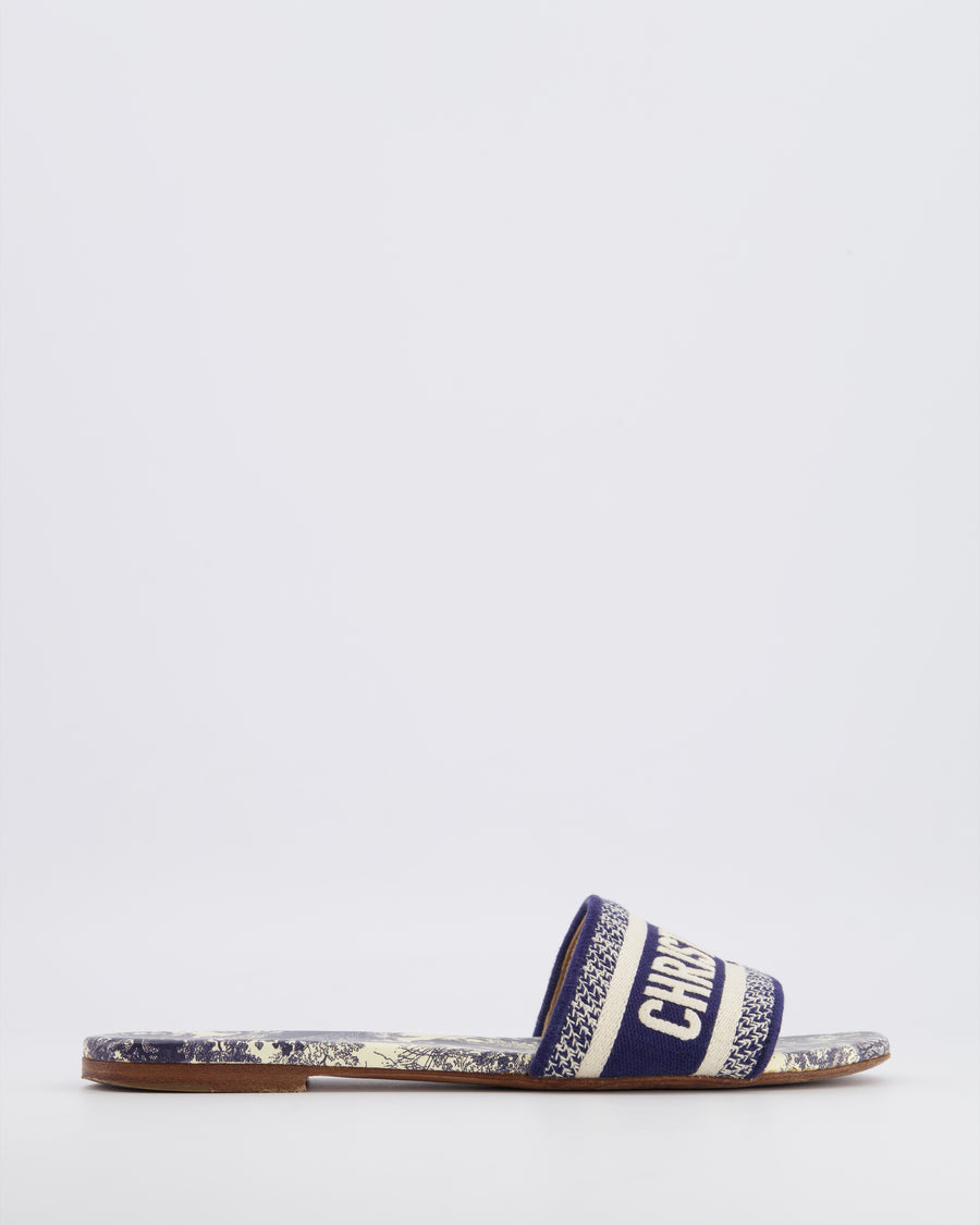 Christian Dior Blue and White Embroidered Logo Dway Flat Mules Size 38 RRP £630