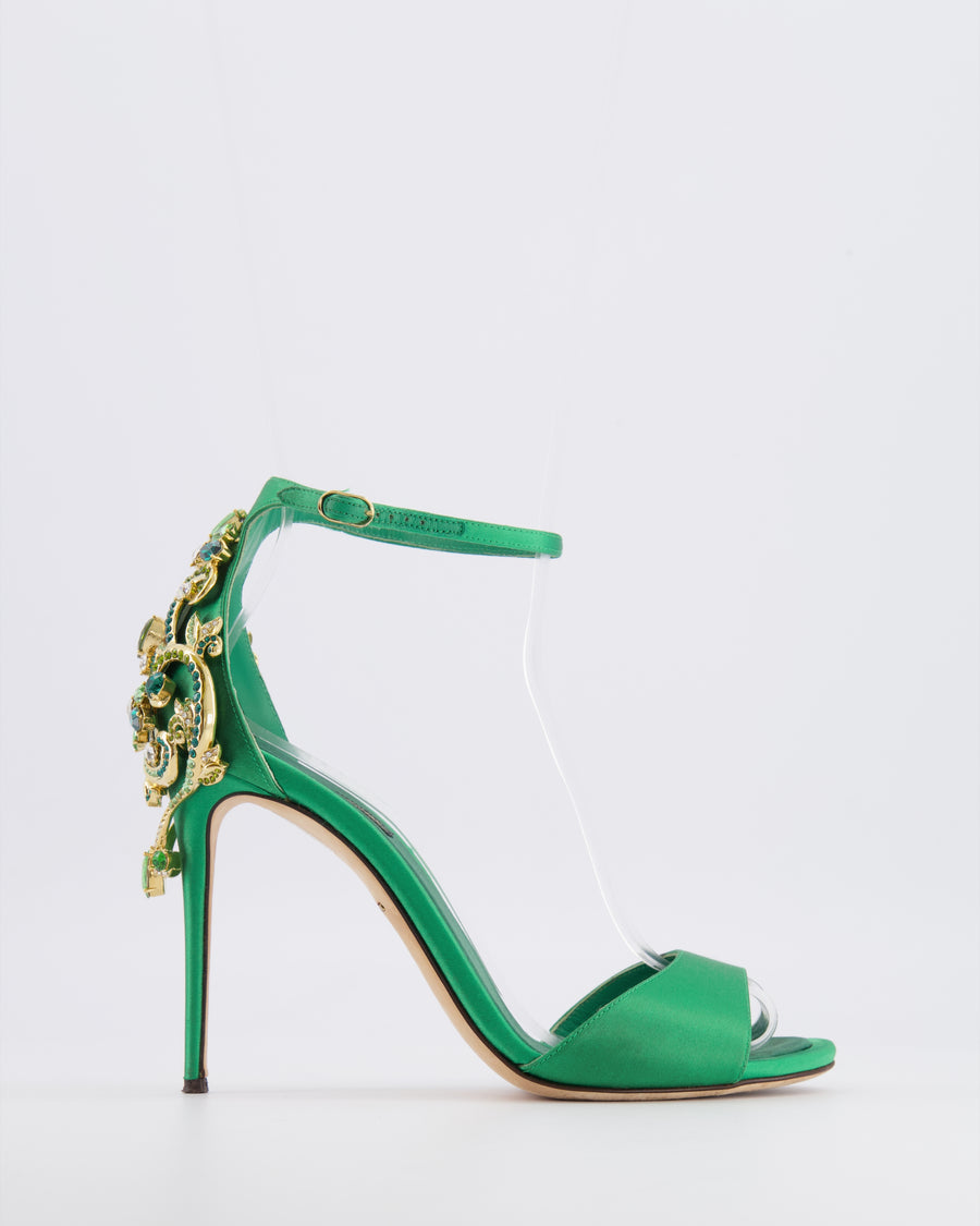 Dolce & Gabbana Spring 2020 Jungle Green Satin Heeled Sandals with Crystal Embellishments Size 38&nbsp;
