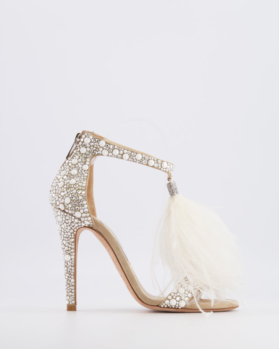 Jimmy Choo Viola 110 White Feather and Crystal-Embellished Heeled Sandals Size 38 RRP £1,450
