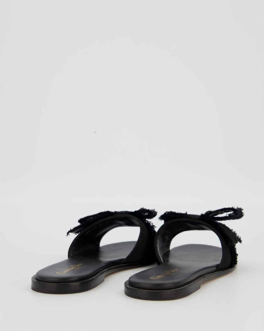 Christian Dior Black Flat Sandals with Bow and CD Pearl Detail Size EU 37