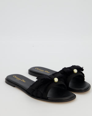 Christian Dior Black Flat Sandals with Bow and CD Pearl Detail Size EU 37