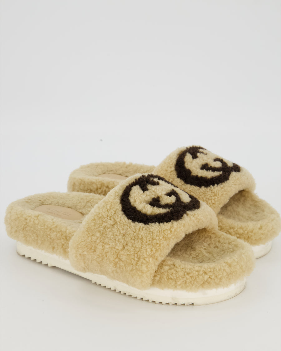 Gucci Beige Platform Shearling GG Sandals Size EU 37