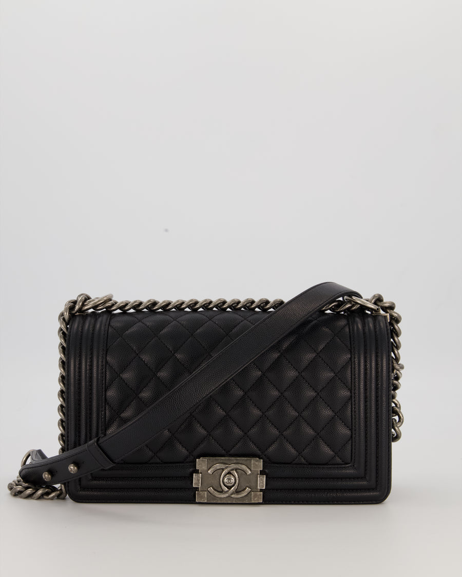 Chanel Medium Boy Bag in Black Caviar Leather with Ruthenium Hardware