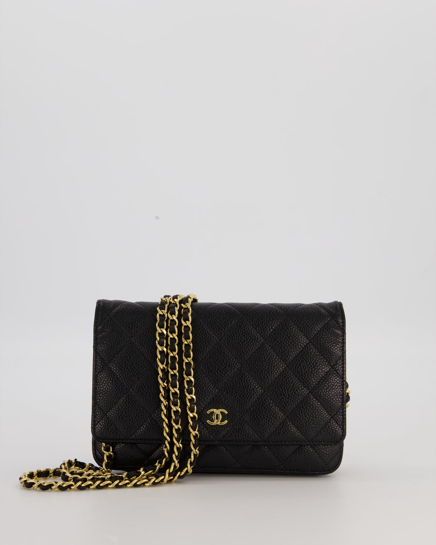 Chanel Black Quilted Wallet on Chain Bag in Caviar Leather with Gold Hardware