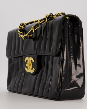 Chanel CC Black Vintage Matelasse 30 Shoulder Flap Bag with Vertical Quilted Patent Leather and 24K Gold Chain Hardware
