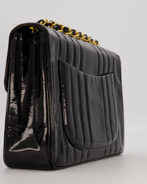 Chanel CC Black Vintage Matelasse 30 Shoulder Flap Bag with Vertical Quilted Patent Leather and 24K Gold Chain Hardware