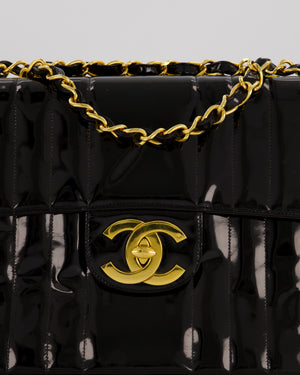 Chanel CC Black Vintage Matelasse 30 Shoulder Flap Bag with Vertical Quilted Patent Leather and 24K Gold Chain Hardware