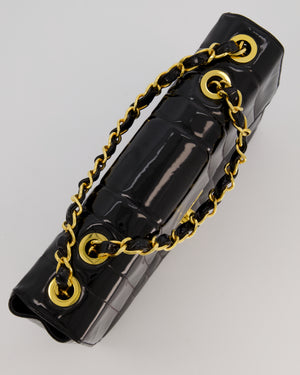 Chanel CC Black Vintage Matelasse 30 Shoulder Flap Bag with Vertical Quilted Patent Leather and 24K Gold Chain Hardware