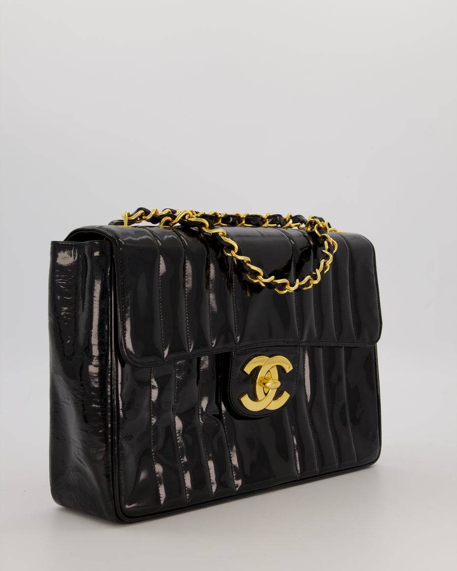 Chanel CC Black Vintage Matelasse 30 Shoulder Flap Bag with Vertical Quilted Patent Leather and 24K Gold Chain Hardware