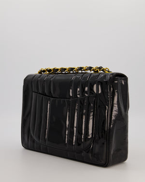 Chanel CC Black Vintage Matelasse 30 Shoulder Flap Bag with Vertical Quilted Patent Leather and 24K Gold Chain Hardware