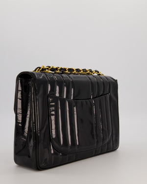 Chanel CC Black Vintage Matelasse 30 Shoulder Flap Bag with Vertical Quilted Patent Leather and 24K Gold Chain Hardware