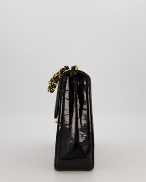 Chanel CC Black Vintage Matelasse 30 Shoulder Flap Bag with Vertical Quilted Patent Leather and 24K Gold Chain Hardware