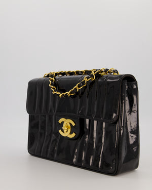 Chanel CC Black Vintage Matelasse 30 Shoulder Flap Bag with Vertical Quilted Patent Leather and 24K Gold Chain Hardware