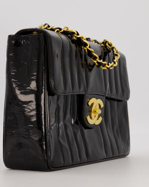 Chanel CC Black Vintage Matelasse 30 Shoulder Flap Bag with Vertical Quilted Patent Leather and 24K Gold Chain Hardware