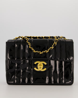 Chanel CC Black Vintage Matelasse 30 Shoulder Flap Bag with Vertical Quilted Patent Leather and 24K Gold Chain Hardware