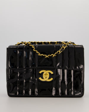 Chanel CC Black Vintage Matelasse 30 Shoulder Flap Bag with Vertical Quilted Patent Leather and 24K Gold Chain Hardware