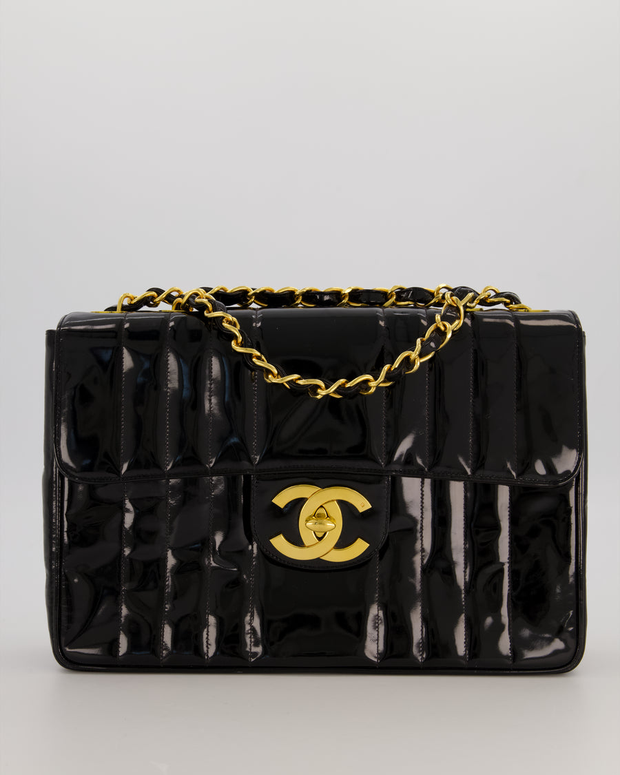Chanel CC Black Vintage Matelasse 30 Shoulder Flap Bag with Vertical Quilted Patent Leather and 24K Gold Chain Hardware