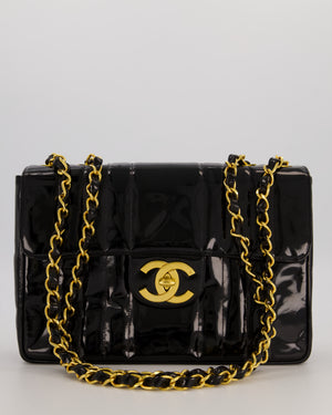 Chanel CC Black Vintage Matelasse 30 Shoulder Flap Bag with Vertical Quilted Patent Leather and 24K Gold Chain Hardware