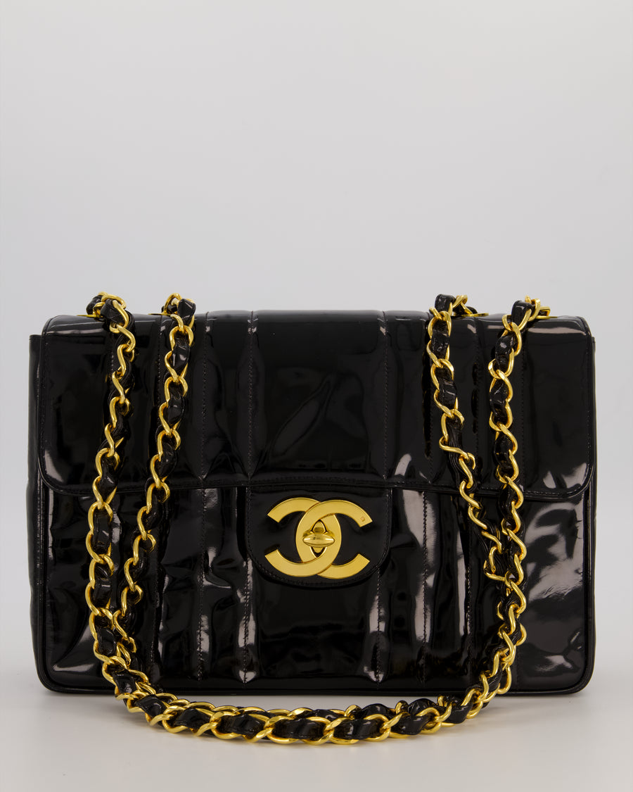 Chanel CC Black Vintage Matelasse 30 Shoulder Flap Bag with Vertical Quilted Patent Leather and 24K Gold Chain Hardware