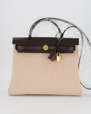 *HOT & RARE* Hermès Herbag 31 Zip Bag in Ecru/Beige Criss Viking Canvas, Ebene Vache Hunter Leather with Gold Hardware