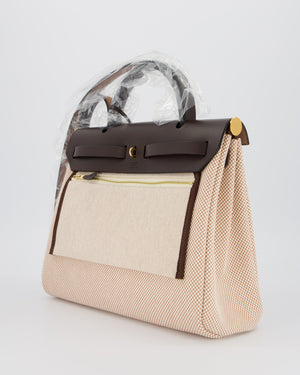 *HOT & RARE* Hermès Herbag 31 Zip Bag in Ecru/Beige Criss Viking Canvas, Ebene Vache Hunter Leather with Gold Hardware