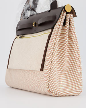 *HOT & RARE* Hermès Herbag 31 Zip Bag in Ecru/Beige Criss Viking Canvas, Ebene Vache Hunter Leather with Gold Hardware
