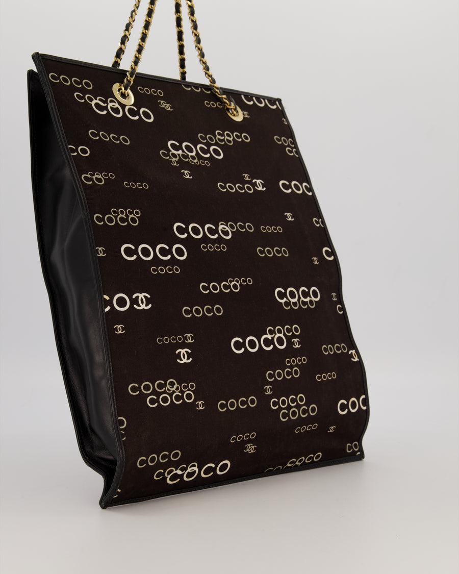 Chanel Vintage Black Canvas Coco Tote Bag with Monogram Details and Gold Hardware