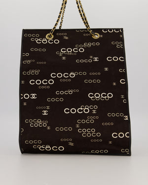 Chanel Vintage Black Canvas Coco Tote Bag with Monogram Details and Gold Hardware