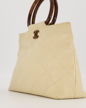Chanel Vintage Light Beige Quilted Caviar Leather Tote Bag with Wooden CC and Handle Details