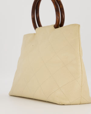Chanel Vintage Light Beige Quilted Caviar Leather Tote Bag with Wooden CC and Handle Details
